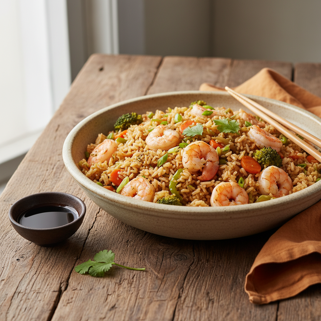 Riz sauté aux crevettes et légumes