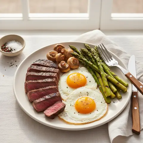 Steak and Eggs mit Spargel und Pilzen
