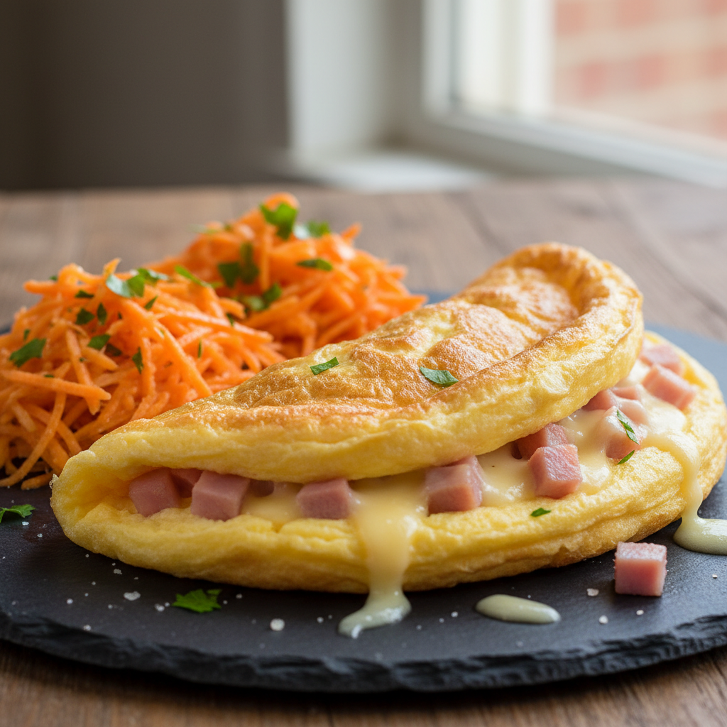 Omelette jambon-fromage et salade de carottes crues