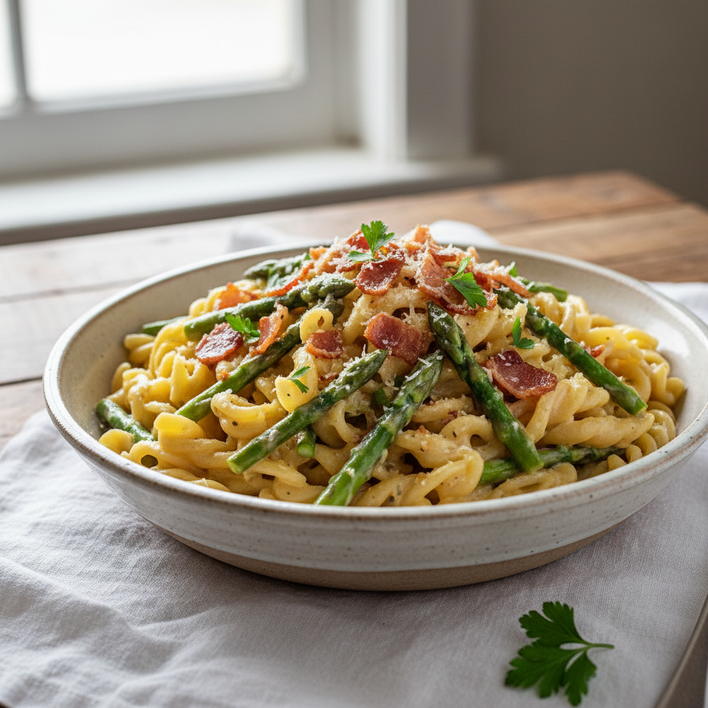 Pâtes Crémeuses aux Asperges et Bacon Croustillant