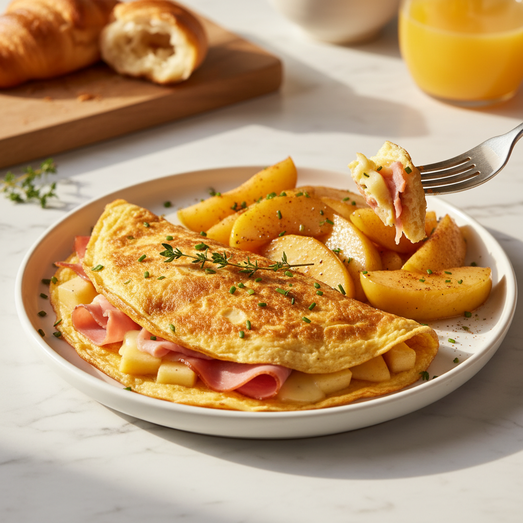 Omelette jambon-fromage aux pommes