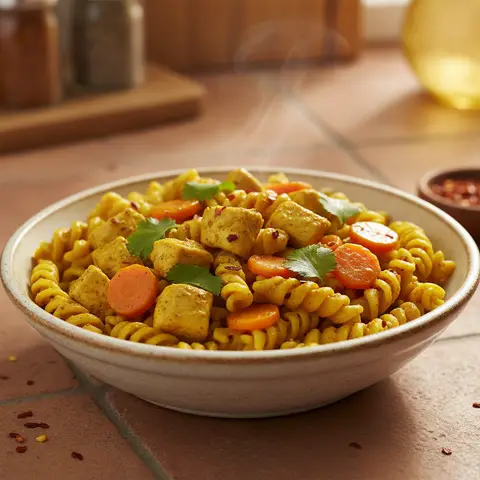 Nudeln mit Curry und Hähnchen