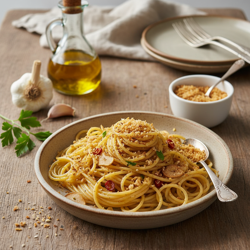 Pâtes Aglio e Olio avec Miettes de Pain Doré
