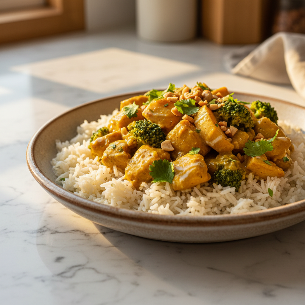 Curry de poulet aux pommes et brocoli