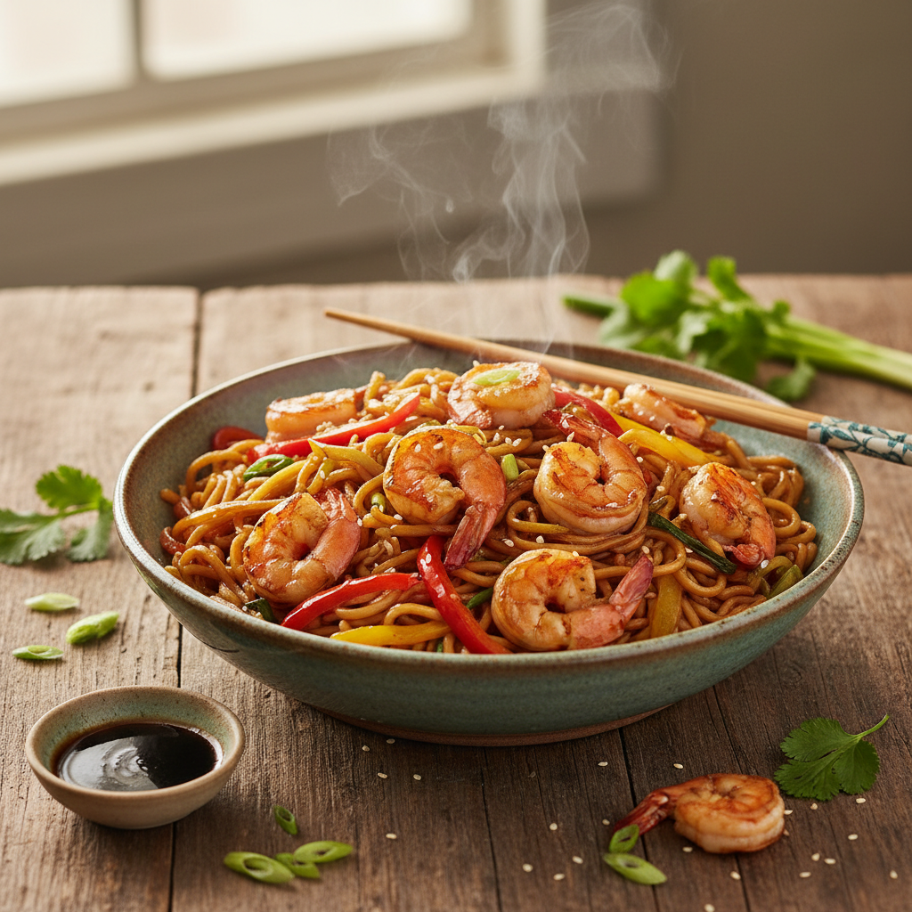 Nouilles Asiatiques aux Crevettes et Légumes