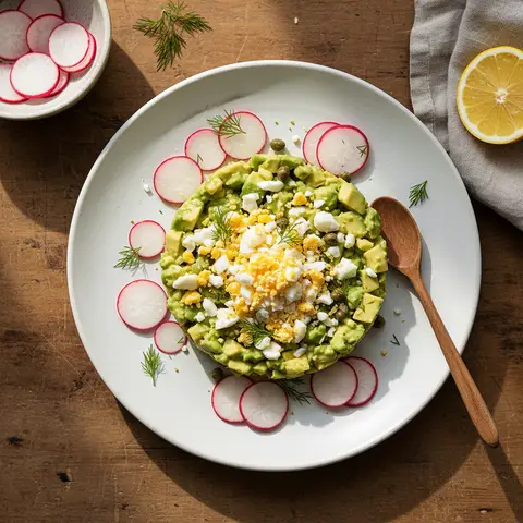 Avocado-Tatar mit Mimosa-Eiern und Radieschen
