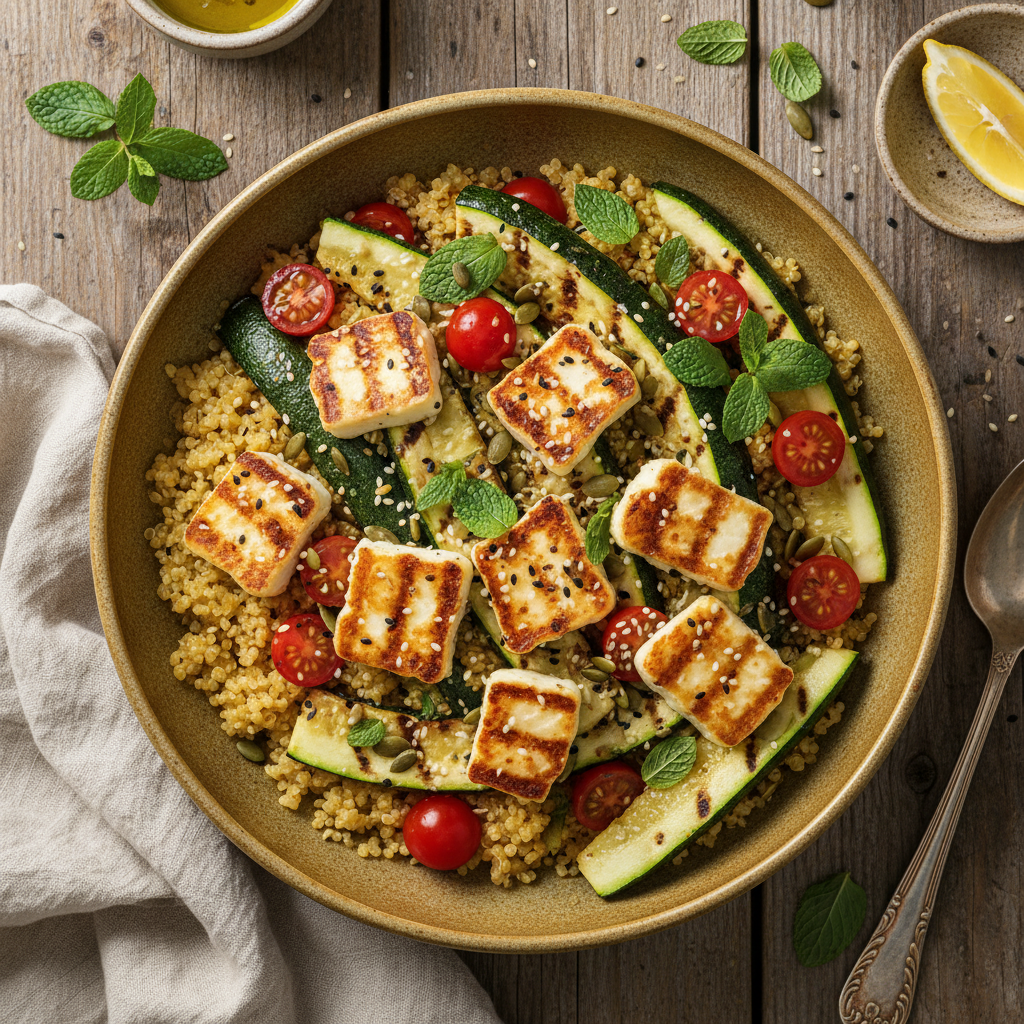 Bowl halloumi & courgette grillée au quinoa