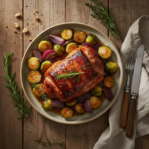 Gebratenes Schweinenacken mit Rosenkohl und Zwiebeln