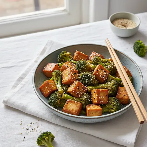 Knuspriges Tofu-Gemüse mit Brokkoli und Sesam