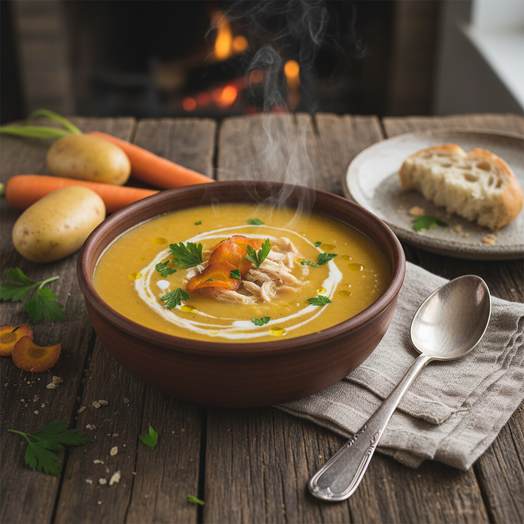 Soupe Veloutée Pomme de Terre, Carotte et Poulet