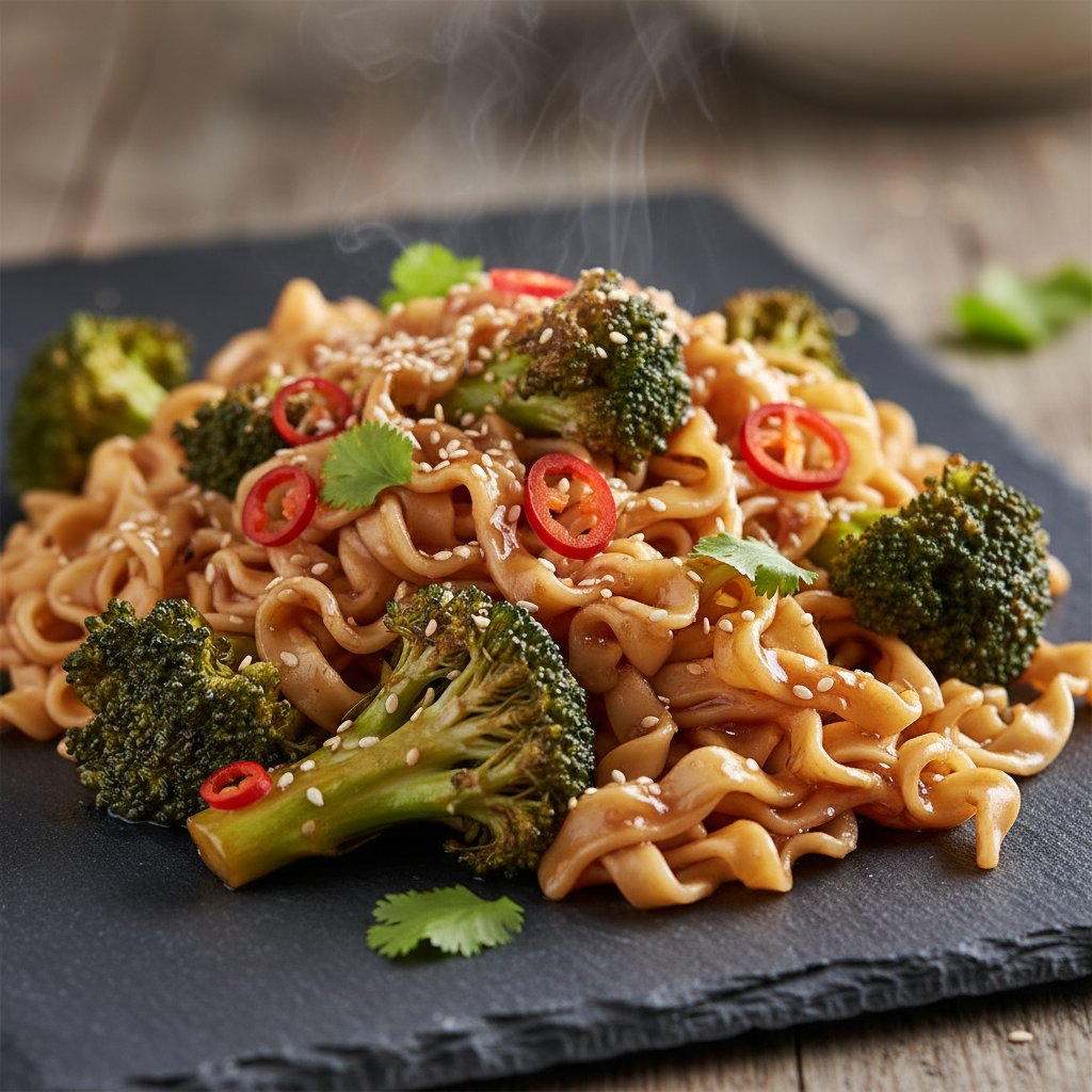 Brocoli sauté à l'asiatique avec nouilles