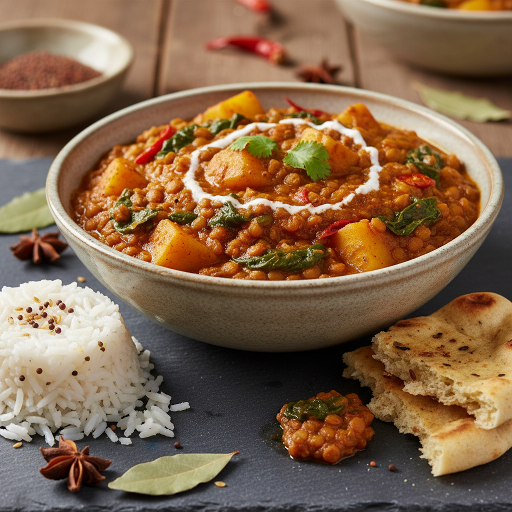 Curry de Lentilles avec Pommes de Terre et Épinards