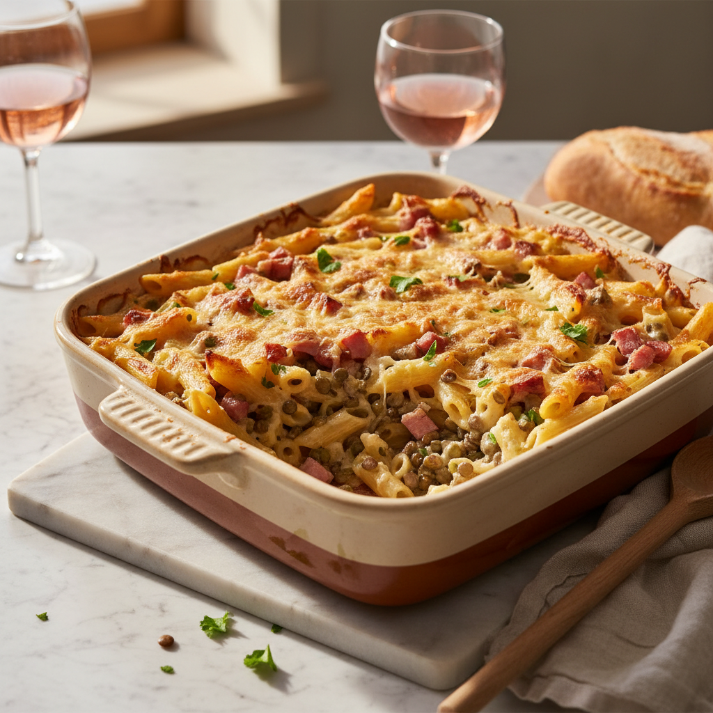 Pâtes Gratinées au Jambon et Lentilles