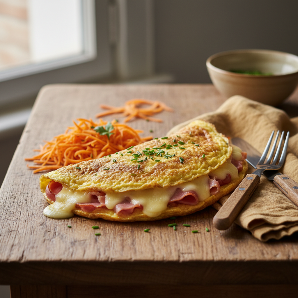 Omelette jambon-fromage et carottes râpées