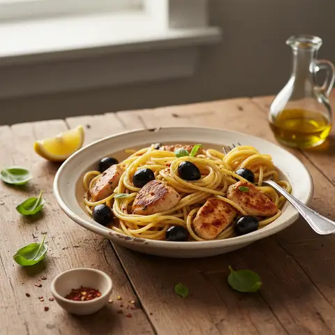 Spaghetti mit Huhn und Oliven
