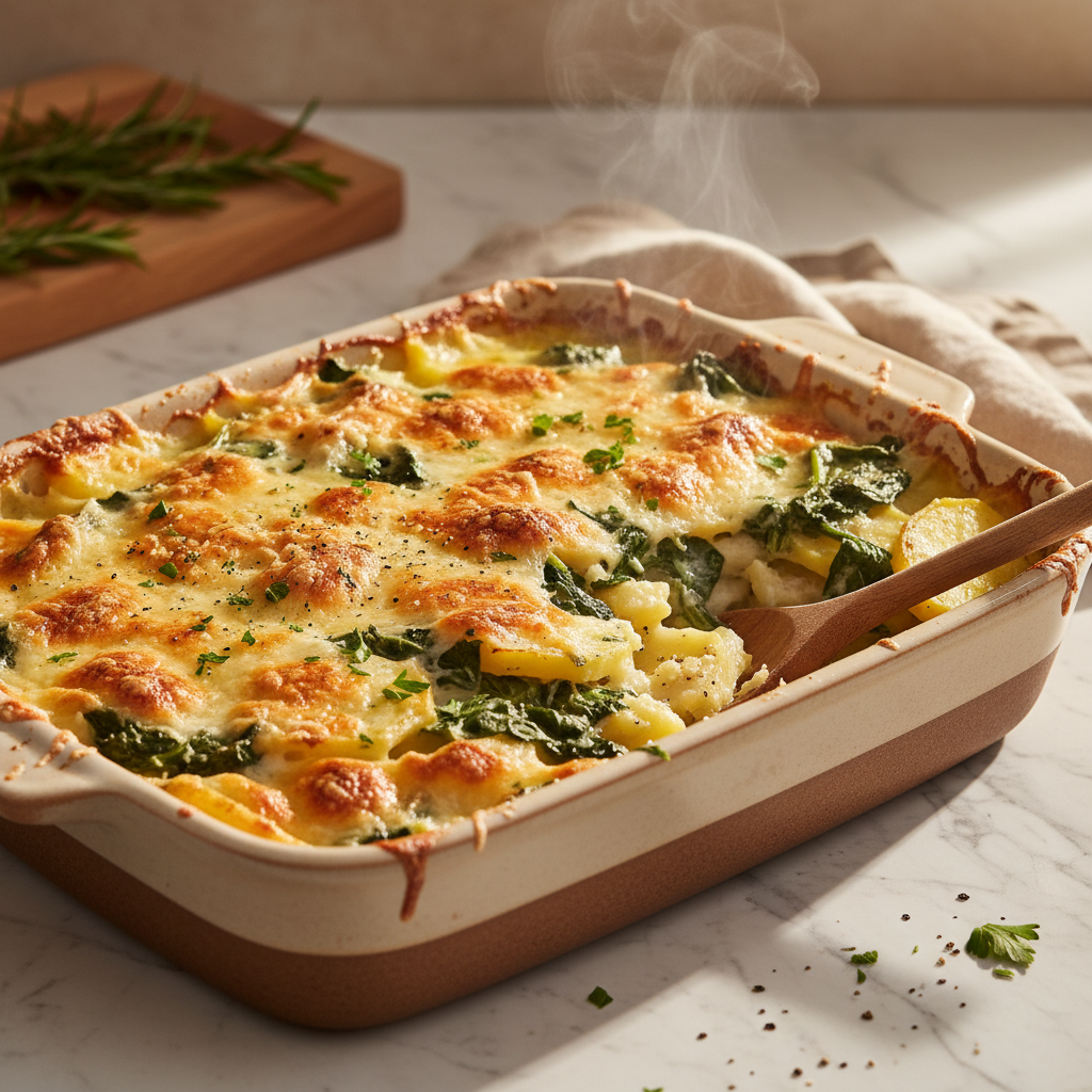 Pommes de terre gratinées au fromage et épinards