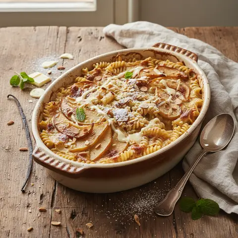 Gratinierte Pasta mit weißer Schokolade und Birne