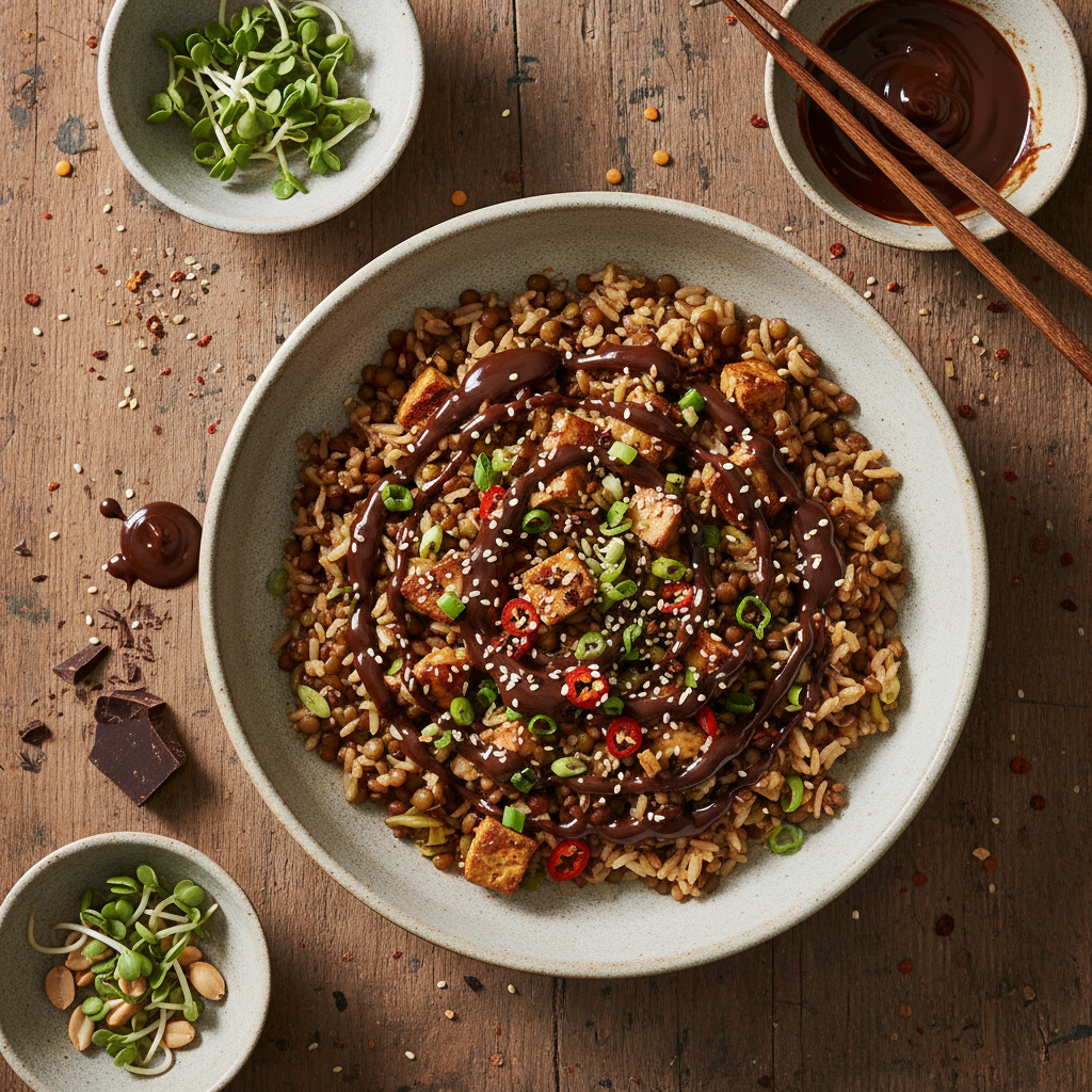 Riz Sauté aux Lentilles et Sauce Chocolat-Soja