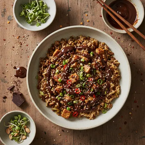 Stir-Fried Rice with Lentils and Chocolate-Soy Sauce
