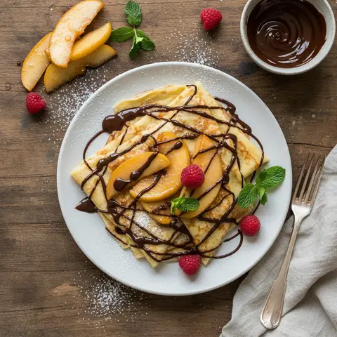 Crêpes mit Schokolade und Früchten