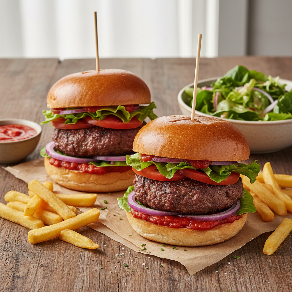 Burger maison avec sauce tomate et salade