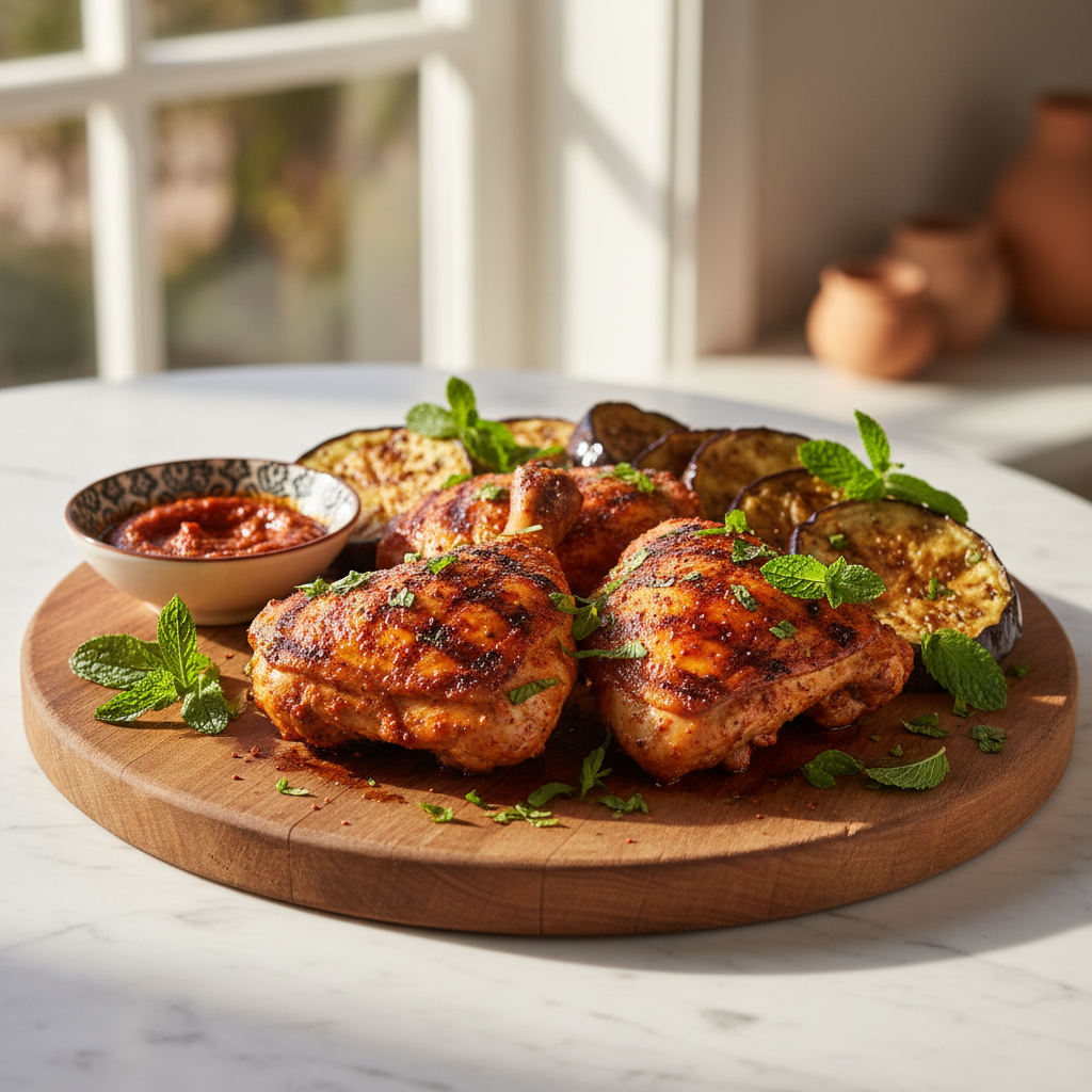 Poulet grillé à la harissa, aubergine et menthe
