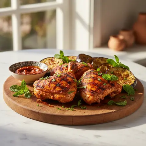 Gegrilltes Hähnchen mit Harissa, Aubergine und Minze