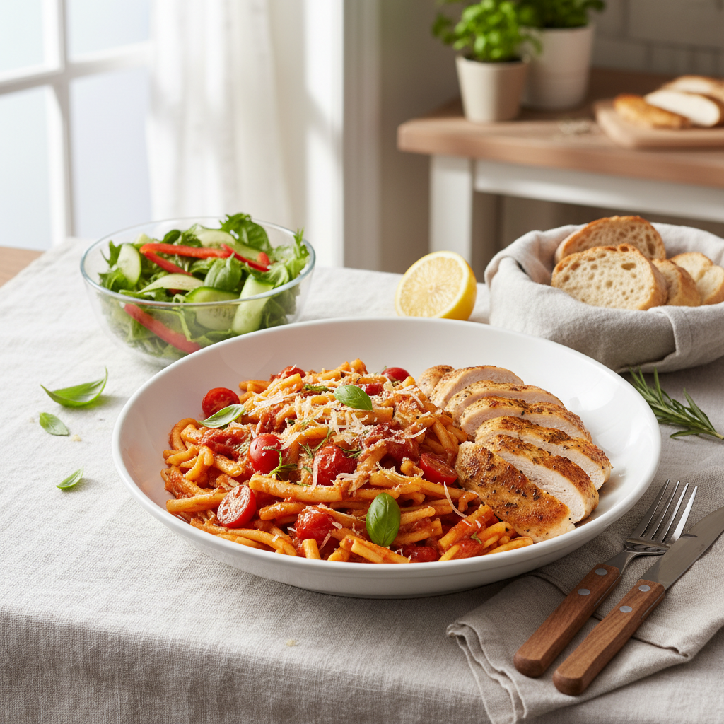 Pâtes à l'Italienne avec Poulet Poêlé et Salade Fraîche
