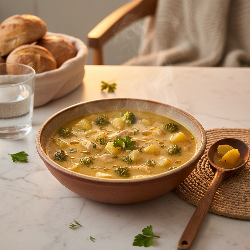Soupe aux pommes de terre, poulet et brocoli