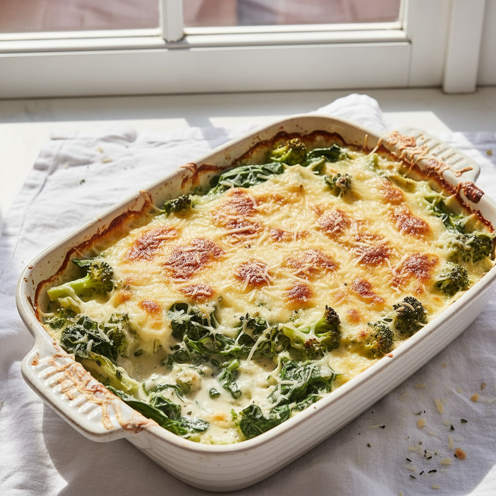 Gratin d'épinards et brocoli au fromage