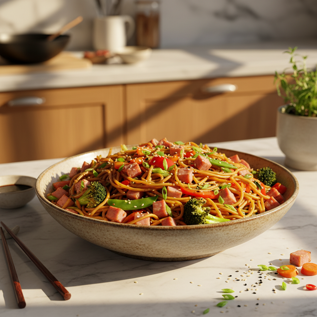 Wok de pâtes au jambon et légumes du placard