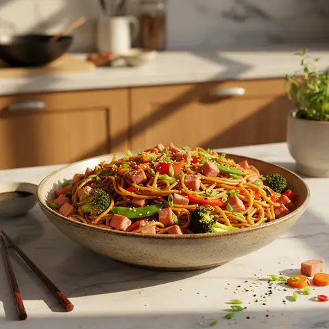 Wok-Nudeln mit Schinken und Gemüse