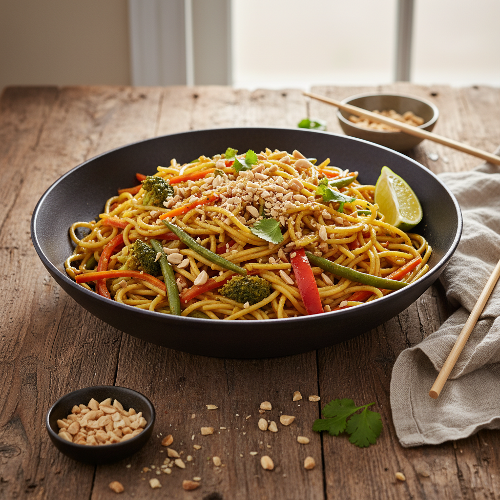 Wok de Nouilles Curry aux Légumes et Cacahuètes