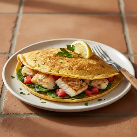 Eierpfannkuchen mit Kabeljau, Spinat und Tomaten