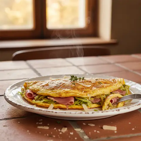 Omelette mit Schinken und Parmesan mit Kohl
