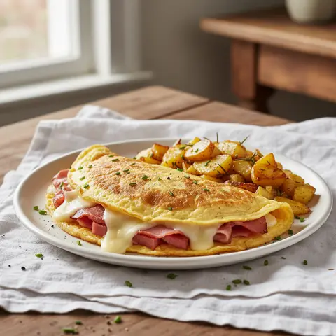Ham and Cheese Omelette with Crispy Sautéed Potatoes