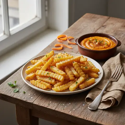 Hausgemachte Pommes Frites und Möhrenkompott