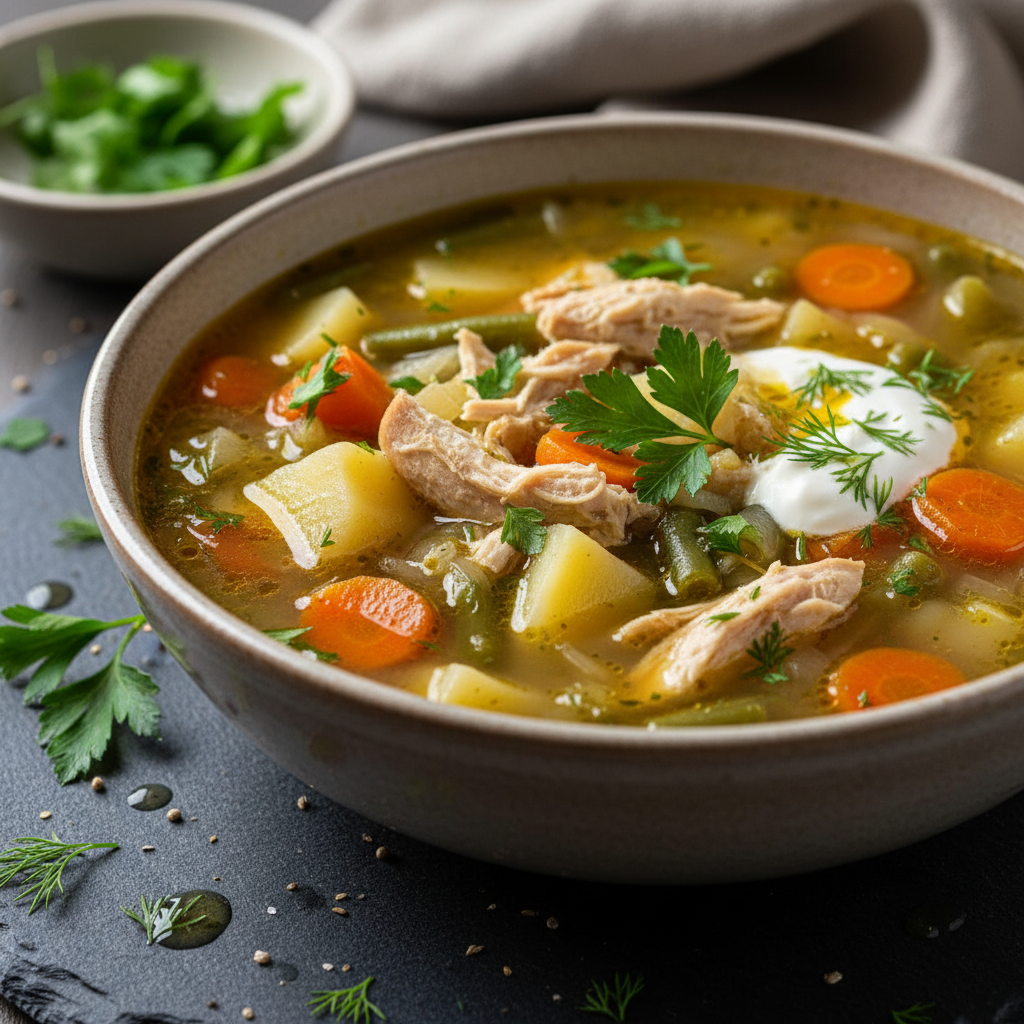 Soupe réconfortante poulet, pomme de terre et légumes
