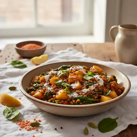 Linsenpfanne mit Spinat und Äpfeln