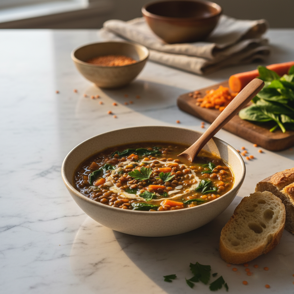 Soupe aux lentilles et épinards