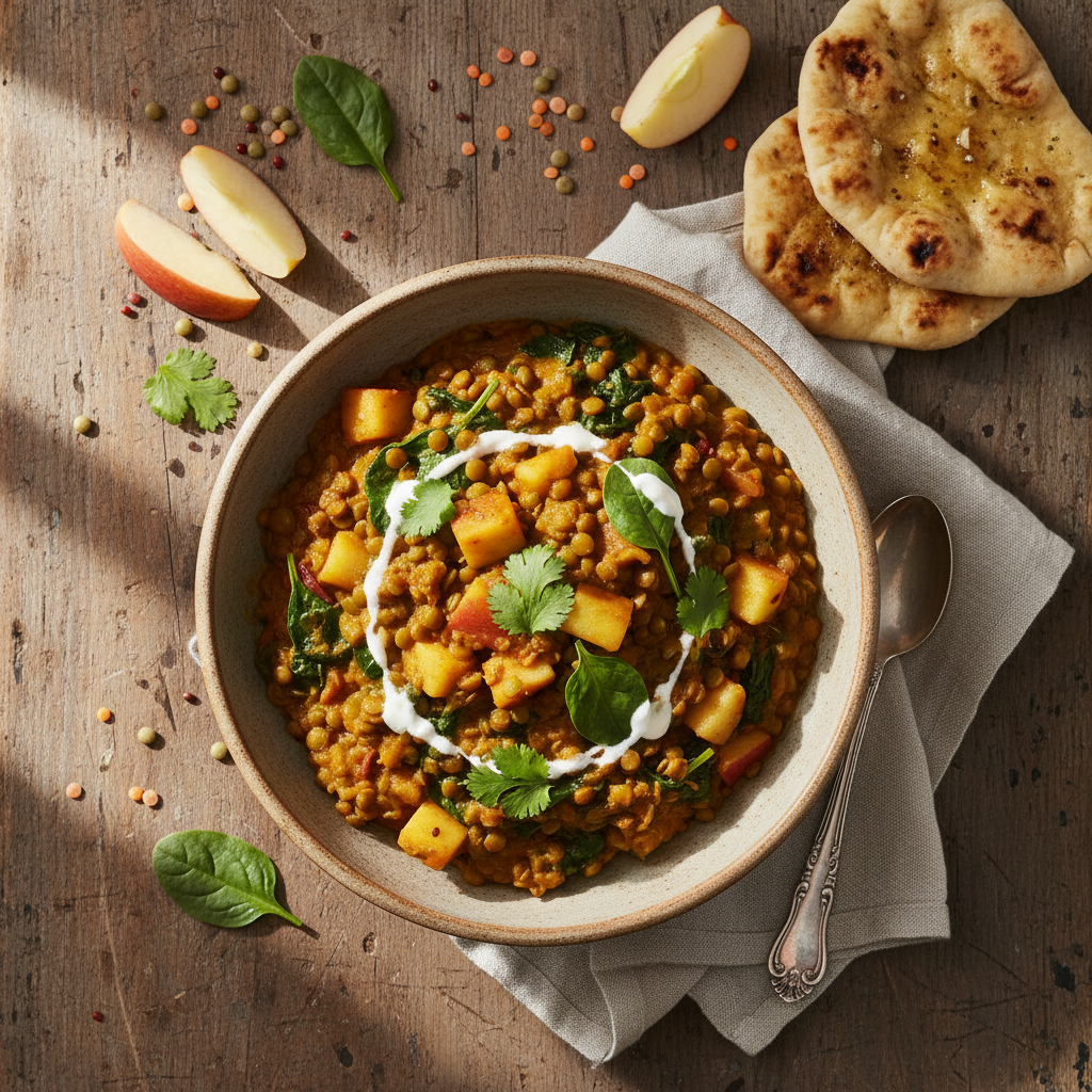 Curry de lentilles avec épinards et pommes