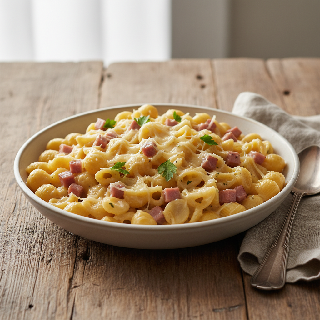 Coquillettes crémeuses au jambon et gruyère