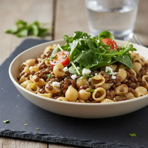 Pasta mit Linsen und Salat