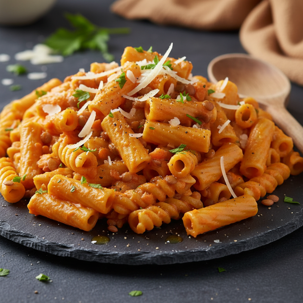 Pâtes à la crème de carottes et lentilles avec parmesan