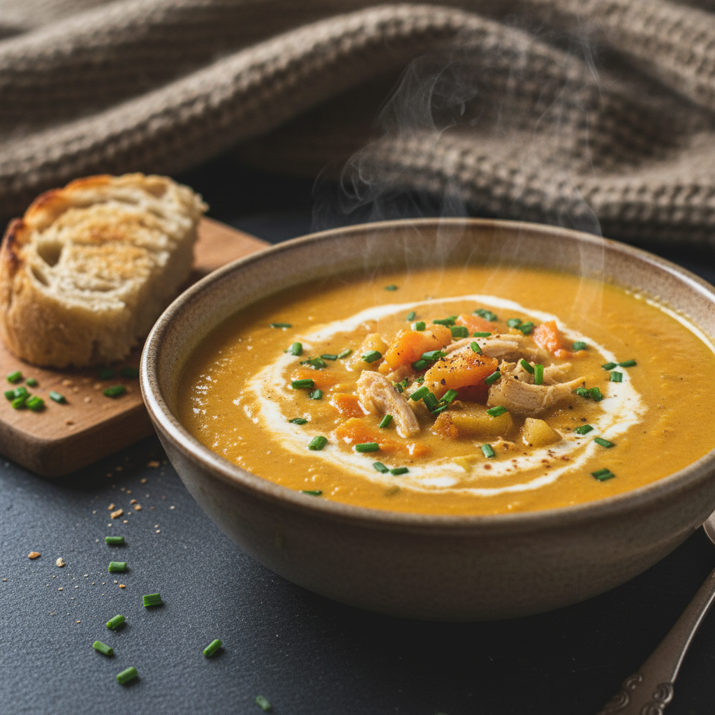 Soupe crémeuse carotte-pomme-poulet