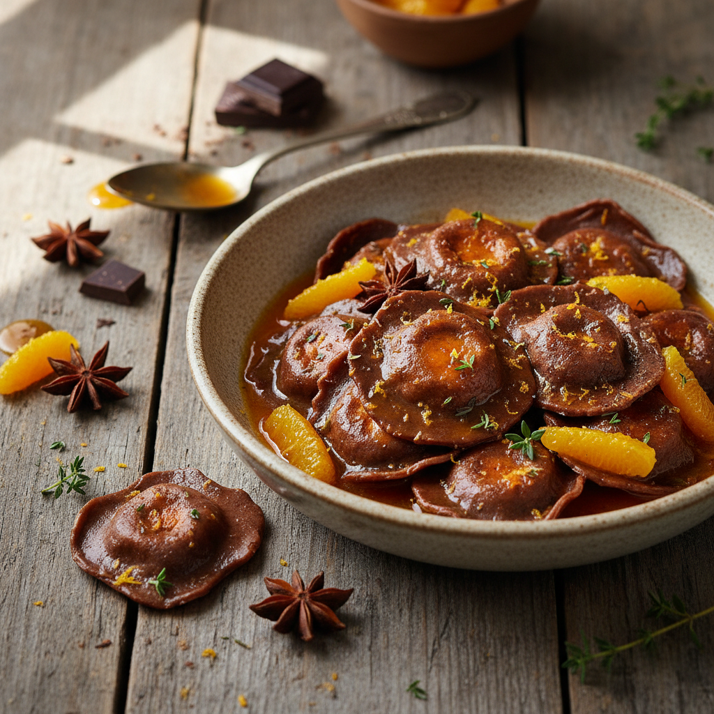 Ravioles Maison Chocolat-Carotte avec Sauce Orange