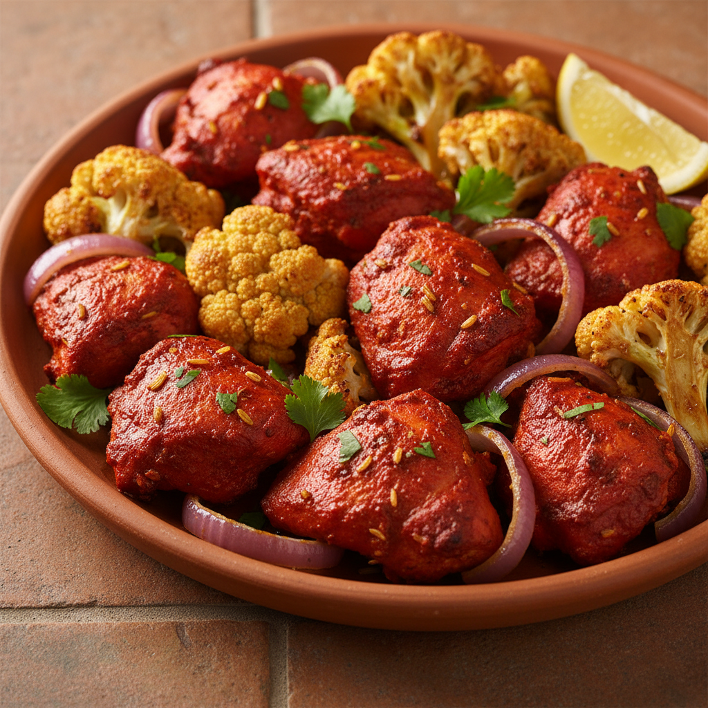 Poulet tandoori au four, chou-fleur et oignon rouge