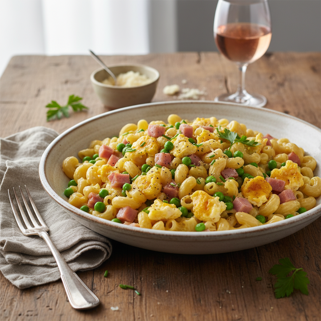 Coquillettes aux Œufs, Jambon et Petits Pois