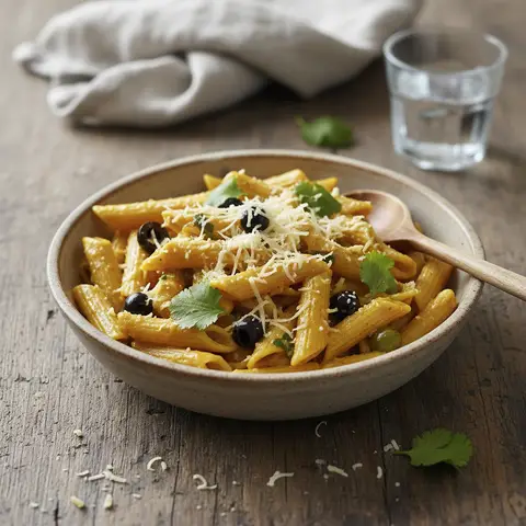 Penne mit Oliven und Curry