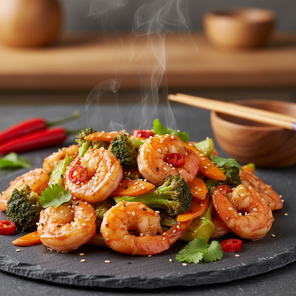 Crevettes Sautées au Wok avec Brocoli et Carotte